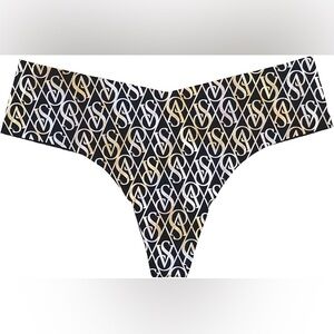 Victoria's Secret No Show Thong Panty Black Gold Foil Logo XXL NEW